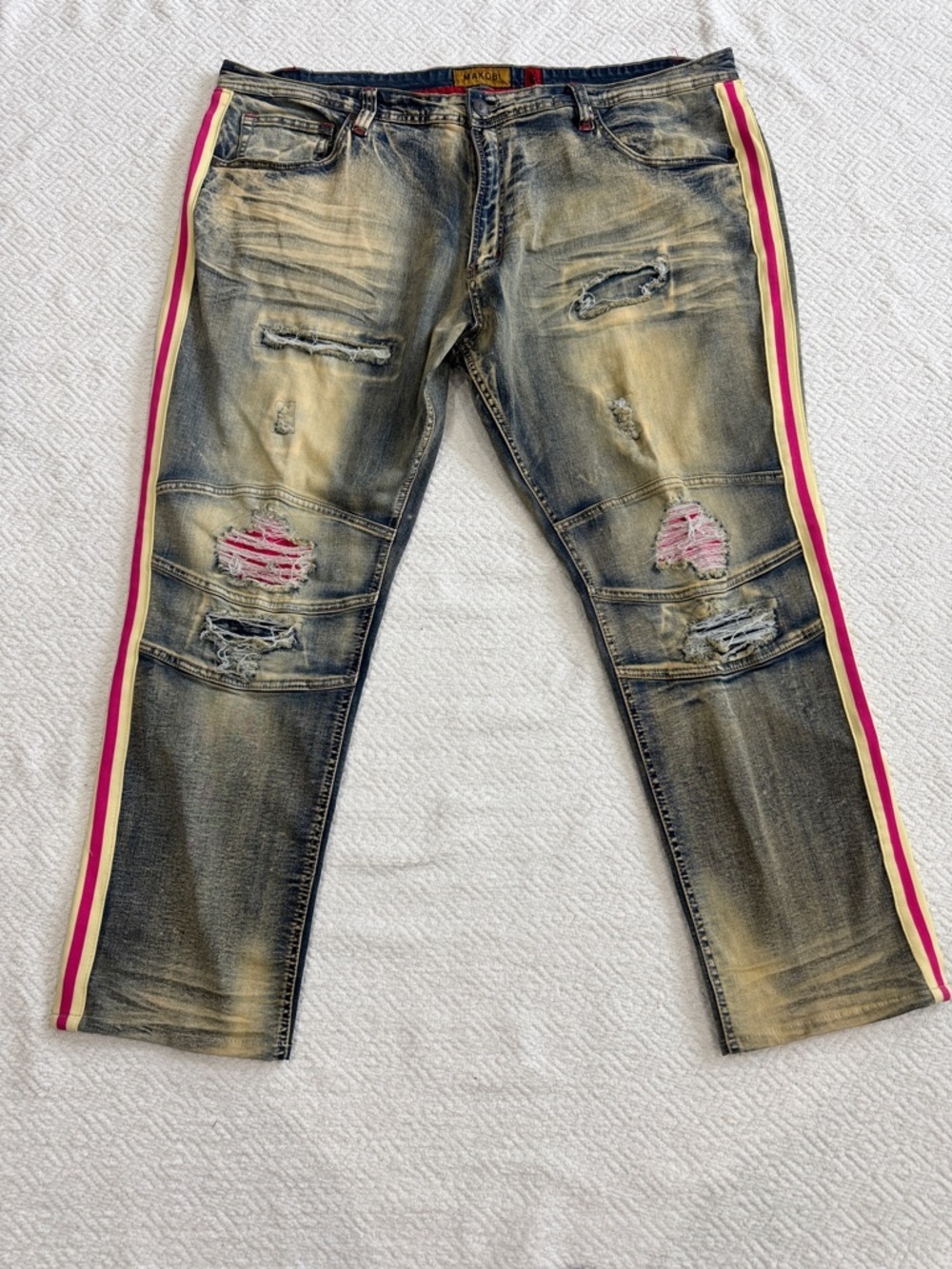 Makobi Washed Distressed Men's Straight Jeans with Pink Side Stripe Sz 48